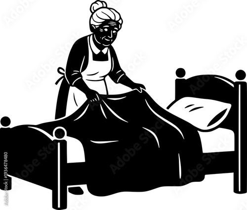 an elderly woman or maid making a bed. Concept of housework, senior care, hospitality, and domestic chores in a clean black and white minimalist style.