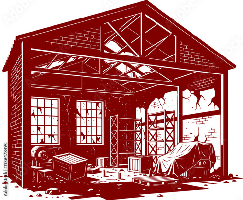 Vector illustration of an abandoned warehouse or factory interior. Dilapidated industrial building with broken windows, empty racks, and scattered debris. Concept of ruin or renovation.
