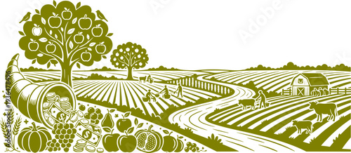 Agricultural landscape in engraving style with a cornucopia of fruits and vegetables. Rural farm scene with orchard, barn, cattle, and cultivated fields. Concept of harvest and abundance