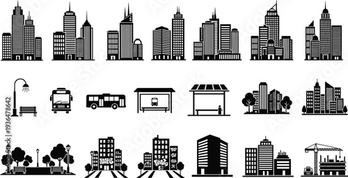 Modern city skyline icon set, urban buildings silhouettes, transportation bus train icons, street lights trees, minimal black cityscape vector collection