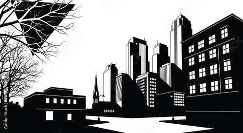 City, skyline, urban, buildings, architecture, downtown, skyscrapers, street, trees, church, cityscape, infrastructure, modern, metropolis, silhouette, vector, landscape, skyline, perspective, urban
