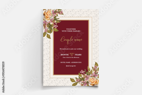 WEDDING INVITATION FRAME WITH FLOWER DECORATIONS AND FRESH LEAVES