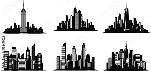 Collection of modern city skyline silhouettes with skyscrapers, urban architecture building set, metropolitan skyline vector illustration isolated on white