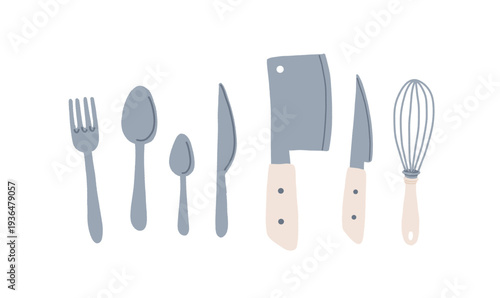 Kitchen Utensils and Cookware Set. Grater, Jars, Knives, Whisk, Colander, Teapot, Cutlery, Oven Mitt, Measuring Cup. Cooking Tools Collection Hand Drawn Vector Illustration