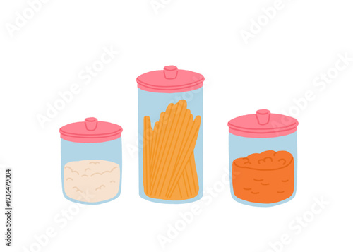 Kitchen Utensils and Cookware Set. Grater, Jars, Knives, Whisk, Colander, Teapot, Cutlery, Oven Mitt, Measuring Cup. Cooking Tools Collection Hand Drawn Vector Illustration