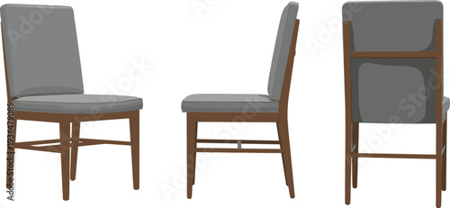 Modern wooden chair design, cushioned seat and backrest, brown frame furniture, gray upholstery, interior decoration, product visualization, furniture modeling
