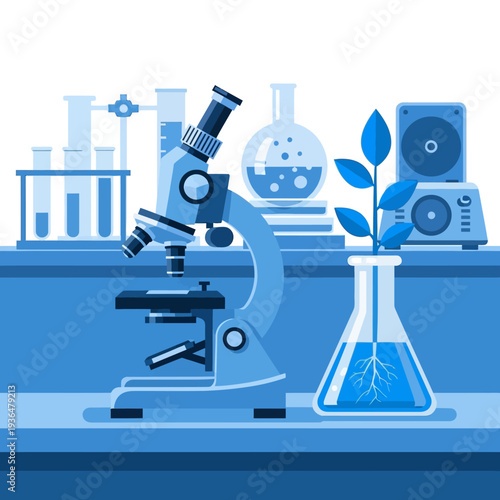 Microscope and plant in flask on lab bench, science research and biology concept