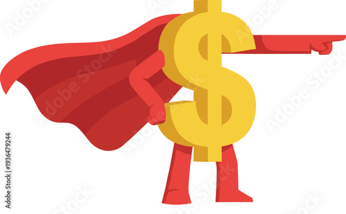 Superhero gold dollar sign character wearing a red cape and pointing forward as a symbol for financial power success investment and economic strength growth