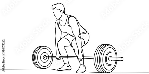 Weightlifting athlete preparing deadlift continuous single line vector fitness training illustration