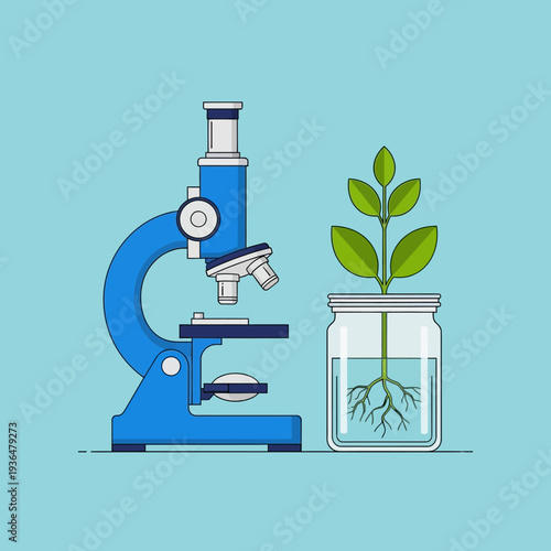 Microscope and plant in jar, science, biology, research, innovation, growth, nature, laboratory, experiment