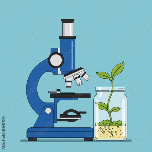 Microscope and plant in jar, science, research, biology, growth, laboratory, experiment