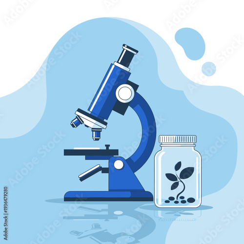 Microscope and plant in jar, science research, biotechnology, laboratory equipment, growth study