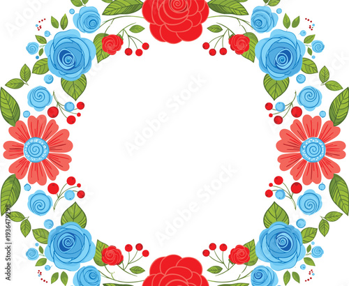 Colorful floral wreath frame with roses, leaves and berries, decorative botanical circle border design for greeting card invitation template