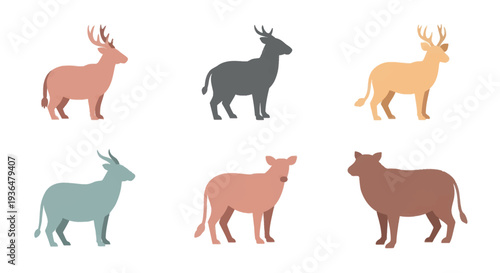 Abstract colorful wild animal silhouettes including deer and antelope set in minimalist style, perfect for nature or wildlife design projects