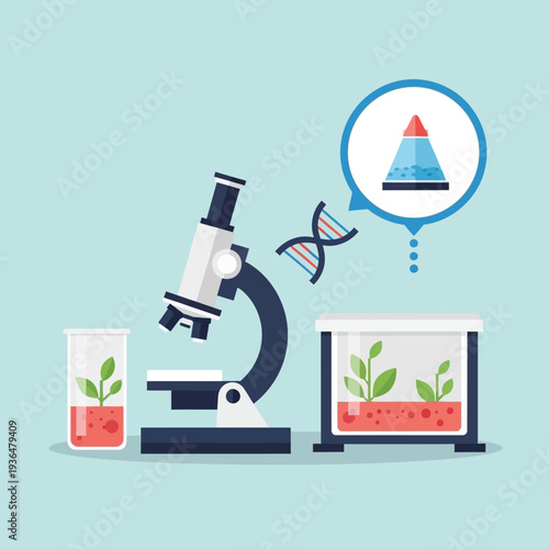 Biotechnology research: microscope, DNA, plants in lab, science experiment, genetic engineering