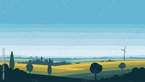 Sustainable Rural Landscape Vector Art - Green Energy & Agriculture Scene