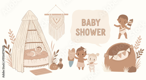Boho baby shower invitation with cute babies, teepee tent, tribal patterns, and cozy decorations in warm pastel tones for newborn celebration
