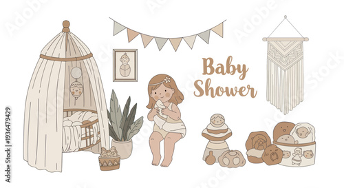 Baby shower illustration with cozy nursery decorations, cute toddler girl, toys, plants and boho elements for kids room and celebration design