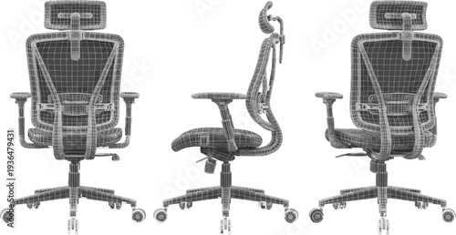 Wireframe ergonomic office chair, mesh backrest design, adjustable armrests, headrest support, five-wheel base mobility, 3D modeling furniture illustration