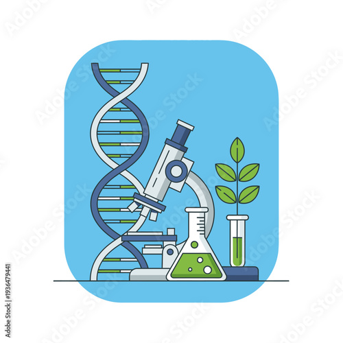 DNA helix, microscope, flask, and plant research, science and biology concept