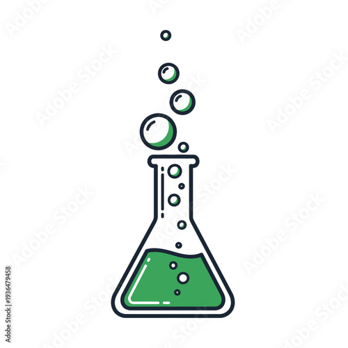 Green liquid bubbling in a laboratory flask, science experiment, chemical reaction, research