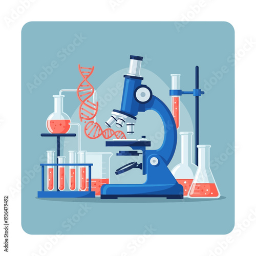 Microscope and DNA helix in a science laboratory with test tubes and flasks