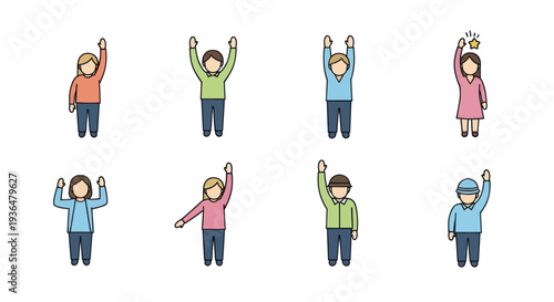 Diverse cartoon people raising hands including a woman with a star symbol, ideal for teamwork, voting, participation, and community concept illustrations