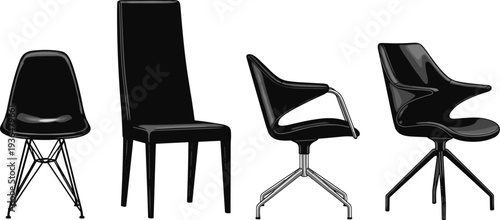 Modern black chairs collection, contemporary seating design, stylish furniture set, office chair variety, dining chair options, ergonomic seating solutions