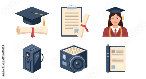 Education and graduation concept icons including graduate with hat, diploma scroll, certificate, camera and notebook for academic and school use
