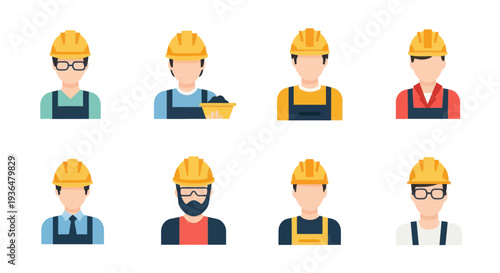 Flat design construction workers avatars set with helmets and safety gear, suitable for industrial and workplace illustrations
