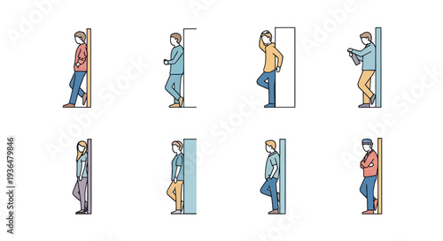 Flat line art style illustrations of diverse people leaning against walls in casual poses, ideal for social distancing, waiting concepts, or relaxed communication visuals