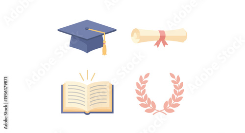 Graduation cap diploma book and laurel wreath education icons for academic success and achievement design