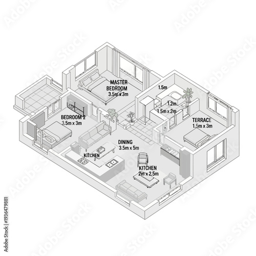 Detailed floor plan of a modern two bedroom apartment with dimensions.