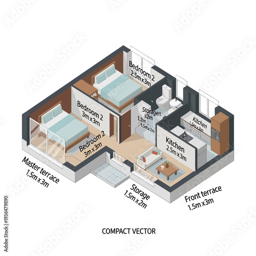 Compact vector illustration of a modern apartment floor plan with labeled rooms and dimensions.