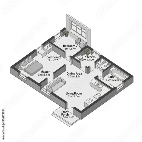 Modern Apartment Floor Plan with Open Living Space and Three Bedrooms.