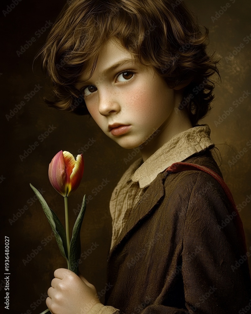 Naklejka premium Joyful Young Arab Boy with Big Brown Eyes Holding a Flower