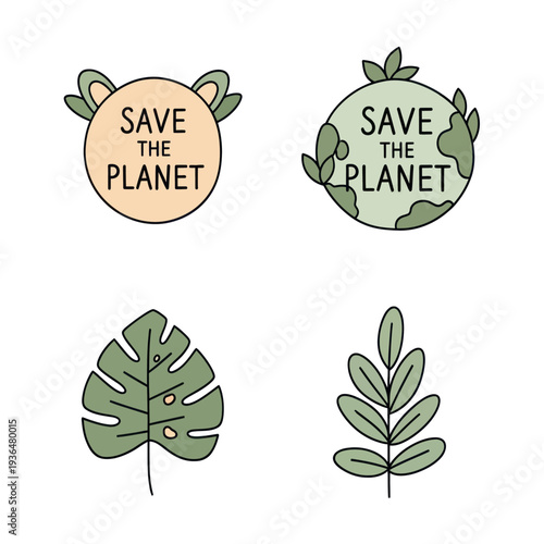Save the planet ecology icons with leaves and earth illustration for environmental protection and nature conservation design