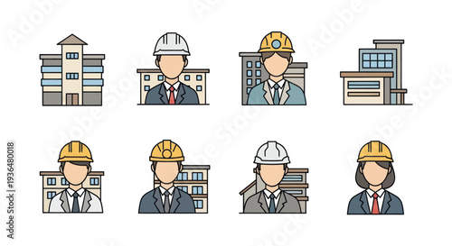 Set of architect and engineer faceless cartoon icons with buildings, safety helmets, and business suits, ideal for construction and design projects