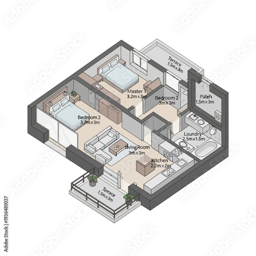 Modern Apartment Floor Plan with Detailed Room Layout.