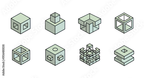 Set of abstract 3D isometric cubes and geometric shapes with hollow and layered designs, ideal for conceptual, architectural, and design projects