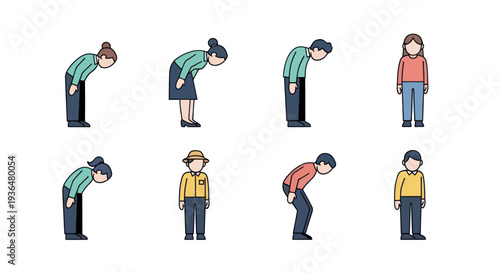 Set of cartoon people bowing and standing in respect, greeting, or apology gesture, flat style vector illustration for business or cultural concepts
