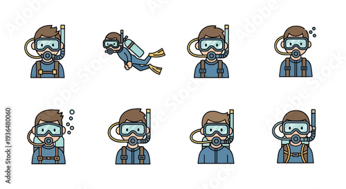 Set of cartoon scuba diver icons with masks, snorkels, and diving gear, perfect for underwater adventure and diving related projects