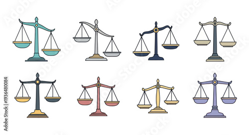 Set of colorful hand-drawn justice scales icons, legal and law concept illustrations for business presentations and educational materials