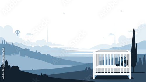 Modern White Crib with Toy Landscape Background - Nursery Decor & Baby Product Photography