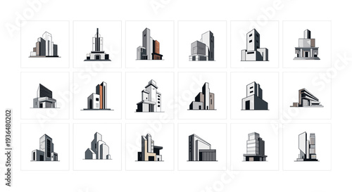 Collection of modern architectural buildings with diverse designs