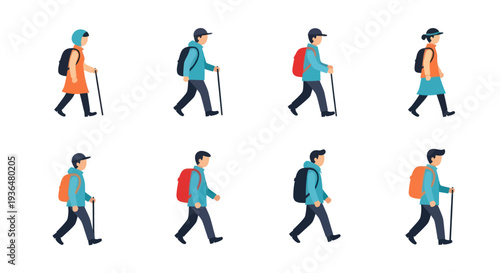 Set of diverse walking hikers with backpacks and walking sticks in different poses, perfect for outdoor adventure or travel concepts