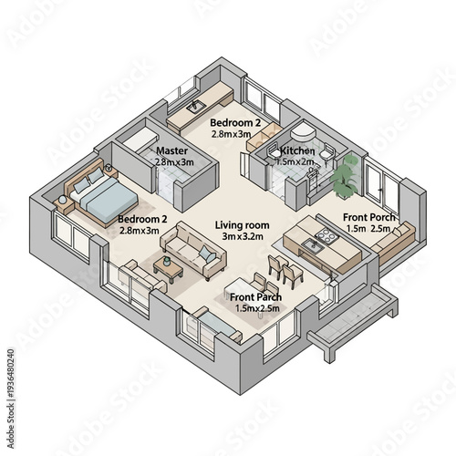 Detailed floor plan of a modern house with labeled rooms and dimensions.