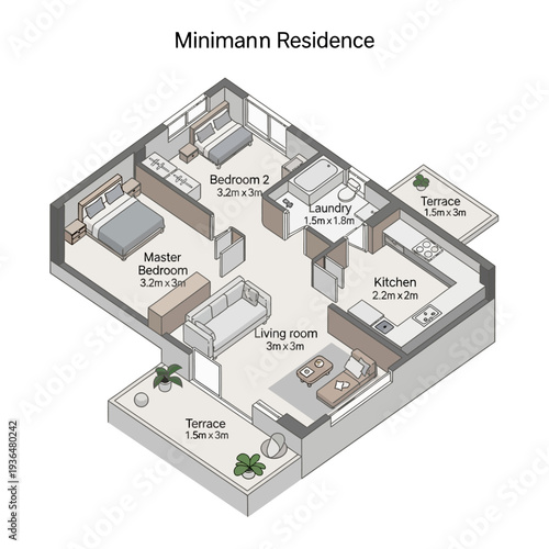 Modern minimalist house floor plan with labeled rooms and dimensions.