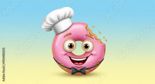 Cartoon donut character wearing chef hat and bow tie with happy expression.