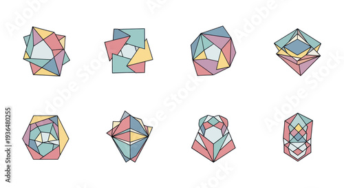 Set of eight colorful geometric polyhedrons with hand-drawn style and pastel colors, perfect for design and educational use